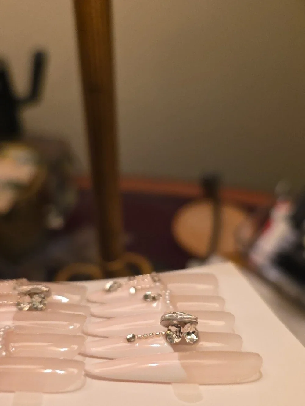 Elegant Nude Press-On Nails with Crystal Accents Size Large